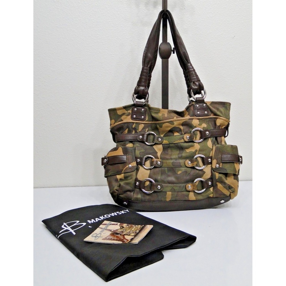 B MAKOWSKY‎ Leather Satchel Bag Brown Beige Camo Kimberly Shoulder Crossbody